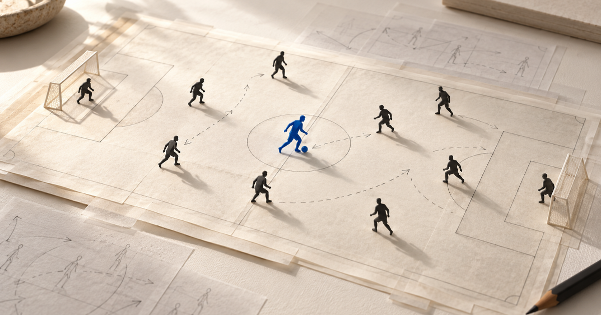 Editorial illustration of a blue footballer surrounded by teammates on a pitch made from layered scouting sheets.